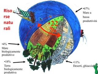 .........   Bioproductive segments  22%   67%  Mare a  bassa   produttività   4%   Mare  biologicamente   produttivo   18%  Terra  biologicamente   produttiva   11%   Deserti, ghiacciai   Risorse naturali 