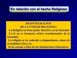 RealidadDeterioro creciente de la dignidad de la Persona humana = (crecen la cultura de la muerte, violencia, terrorismo, drogadicción, narcotráfico, industria de la pornografía y prostitución, sida, sexualidad desligada del amor, la procreación, la fidelidad)Analfabetismo en el lenguaje de los M.C.SCreciente desajuste ético – MoralMentalidad y acciones contra la vida (campañas antinatalistas, manipulación genética, crisis en la institucionalidad del matrimonio, aborto, eutanasia)Familias cristianasValor de la vida. DefensaHonestidadCompromiso apostólico de muchosTolerancia y solidaridadFilantropía y caridadOpción por los pobres y la pobrezaUna Iglesia que desea renovarseAvances científicos y tecnológicosVs