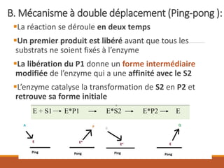 B. Mécanisme à double déplacement (Ping-pong ):
▪La réaction se déroule en deux temps
▪Un premier produit est libéré avant que tous les
substrats ne soient fixés à l’enzyme
▪La libération du P1 donne un forme intermédiaire
modifiée de l’enzyme qui a une affinité avec le S2
▪L’enzyme catalyse la transformation de S2 en P2 et
retrouve sa forme initiale
 