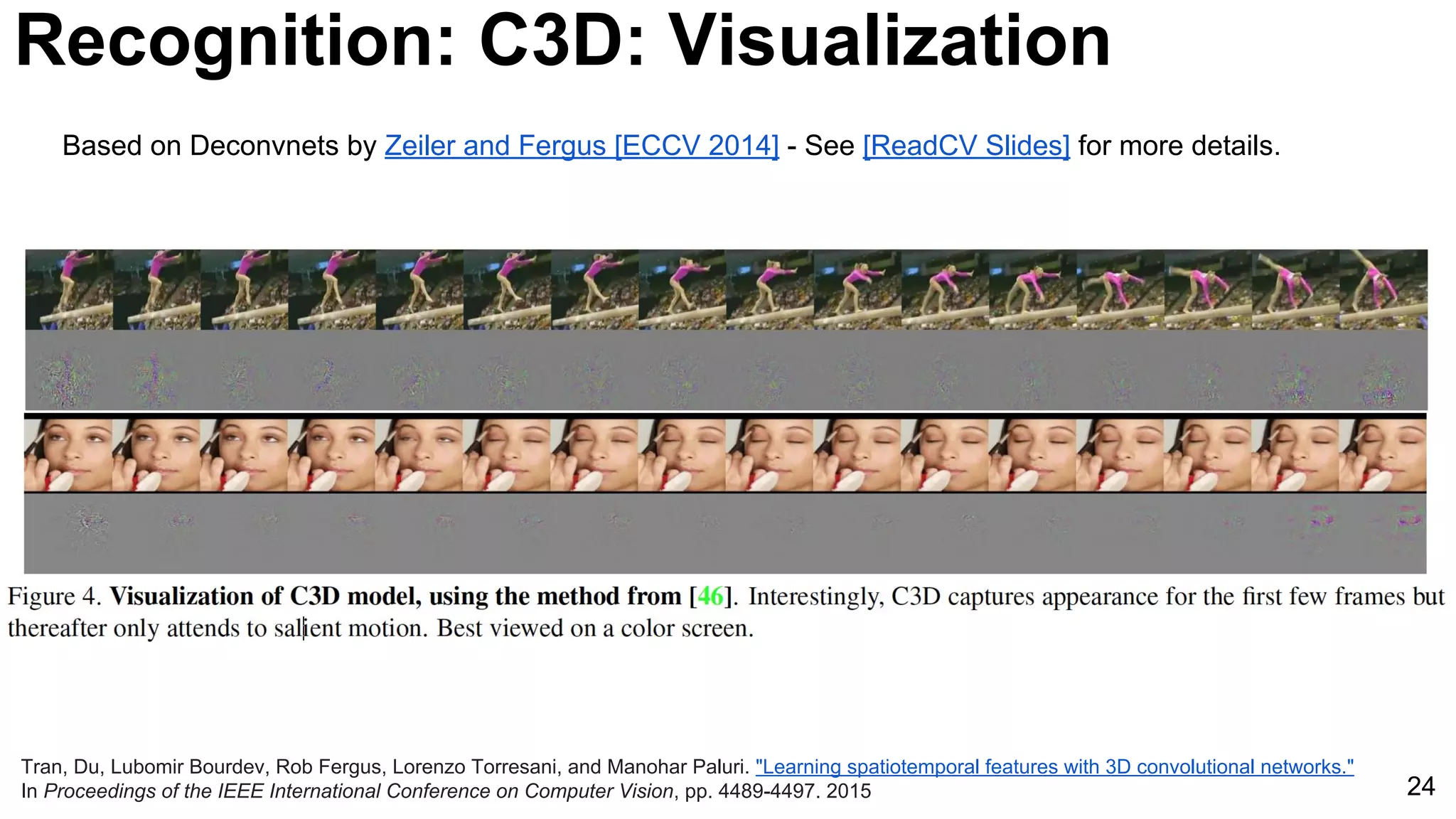 24
Tran, Du, Lubomir Bourdev, Rob Fergus, Lorenzo Torresani, and Manohar Paluri. "Learning spatiotemporal features with 3D convolutional networks."
In Proceedings of the IEEE International Conference on Computer Vision, pp. 4489-4497. 2015
Recognition: C3D: Visualization
Based on Deconvnets by Zeiler and Fergus [ECCV 2014] - See [ReadCV Slides] for more details.
 