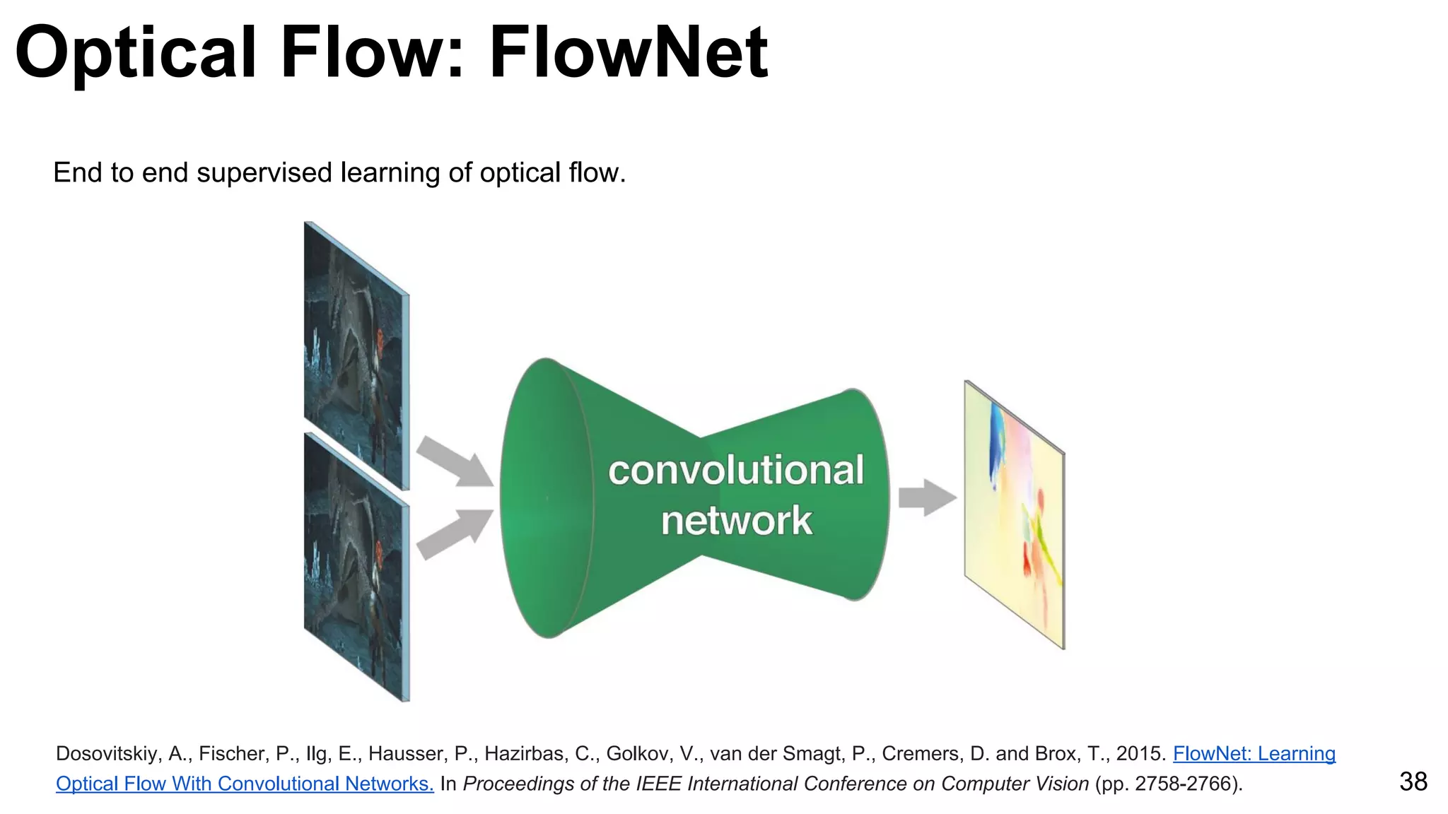 Optical Flow: FlowNet
Dosovitskiy, A., Fischer, P., Ilg, E., Hausser, P., Hazirbas, C., Golkov, V., van der Smagt, P., Cremers, D. and Brox, T., 2015. FlowNet: Learning
Optical Flow With Convolutional Networks. In Proceedings of the IEEE International Conference on Computer Vision (pp. 2758-2766). 38
End to end supervised learning of optical flow.
 