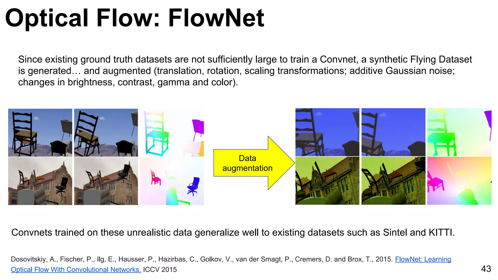 Optical Flow: FlowNet
Dosovitskiy, A., Fischer, P., Ilg, E., Hausser, P., Hazirbas, C., Golkov, V., van der Smagt, P., Cremers, D. and Brox, T., 2015. FlowNet: Learning
Optical Flow With Convolutional Networks. ICCV 2015 43
Since existing ground truth datasets are not sufficiently large to train a Convnet, a synthetic Flying Dataset
is generated… and augmented (translation, rotation, scaling transformations; additive Gaussian noise;
changes in brightness, contrast, gamma and color).
Convnets trained on these unrealistic data generalize well to existing datasets such as Sintel and KITTI.
Data
augmentation
 