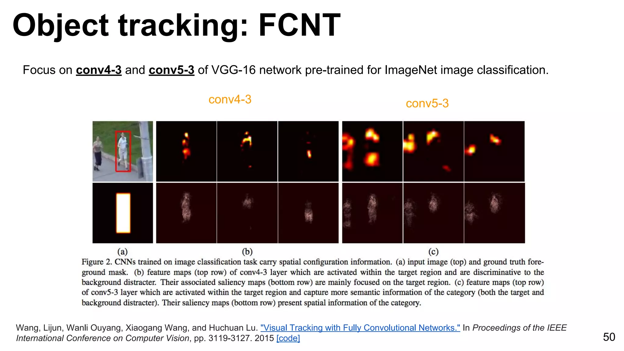Object tracking: FCNT
50
Wang, Lijun, Wanli Ouyang, Xiaogang Wang, and Huchuan Lu. "Visual Tracking with Fully Convolutional Networks." In Proceedings of the IEEE
International Conference on Computer Vision, pp. 3119-3127. 2015 [code]
Focus on conv4-3 and conv5-3 of VGG-16 network pre-trained for ImageNet image classification.
conv4-3 conv5-3
 