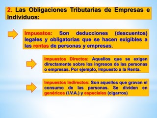Impuestos: Son deducciones (descuentos)
legales y obligatorias que se hacen exigibles a
las rentas de personas y empresas.
2. Las Obligaciones Tributarias de Empresas e
Individuos:
Impuestos Directos: Aquellos que se exigen
directamente sobre los ingresos de las personas
o empresas. Por ejemplo, Impuesto a la Renta.
Impuestos Indirectos: Son aquellos que gravan el
consumo de las personas. Se dividen en
genéricos (I.V.A.) y especiales (cigarros)
 