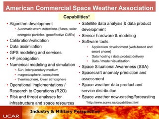 Industry & Military Perspective
American Commercial Space Weather Association
•  Algorithm development
•  Automatic event ...