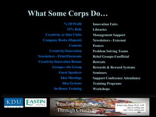 % Of Profit 15% Rule Creativity or Idea Clubs Company Books (Dupont) Contests Creativity/Innovation Newsletters - Print/Electronic Creativity/Innovation Rooms Groups---Oz Group Guest Speakers Idea Meetings Idea Systems In-House Training Innovation Fairs Libraries Management Support Newsletters - External Posters Problem Solving Teams Rebel Groups-Unofficial Retreats Rewards & Reward Systems Seminars Support Conference Attendance Training Programs Workshops What Some Corps Do… 