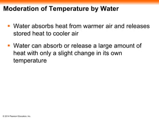 © 2014 Pearson Education, Inc.
Moderation of Temperature by Water
 Water absorbs heat from warmer air and releases
stored heat to cooler air
 Water can absorb or release a large amount of
heat with only a slight change in its own
temperature
 