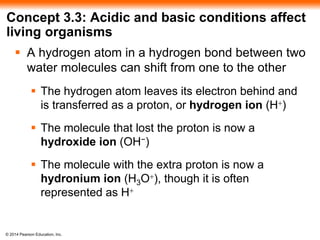 © 2014 Pearson Education, Inc.
Concept 3.3: Acidic and basic conditions affect
living organisms
 A hydrogen atom in a hydrogen bond between two
water molecules can shift from one to the other
 The hydrogen atom leaves its electron behind and
is transferred as a proton, or hydrogen ion (H+)
 The molecule that lost the proton is now a
hydroxide ion (OH−)
 The molecule with the extra proton is now a
hydronium ion (H3O+), though it is often
represented as H+
 
