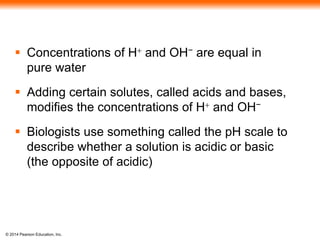 © 2014 Pearson Education, Inc.
 Concentrations of H+ and OH− are equal in
pure water
 Adding certain solutes, called acids and bases,
modifies the concentrations of H+ and OH−
 Biologists use something called the pH scale to
describe whether a solution is acidic or basic
(the opposite of acidic)
 