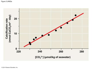 © 2014 Pearson Education, Inc.
Figure 3.UN02a
Calcificationrate
(mmolCaCO3/m2⋅day)
[CO3
2−] (μmol/kg of seawater)
20
10
0
220 240 260 280
 