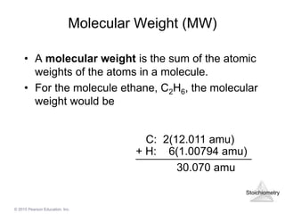 Stoichiometry
© 2015 Pearson Education, Inc.
Molecular Weight (MW)
• A molecular weight is the sum of the atomic
weights of the atoms in a molecule.
• For the molecule ethane, C2H6, the molecular
weight would be
C: 2(12.011 amu)
30.070 amu
+ H: 6(1.00794 amu)
 