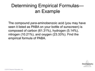 Stoichiometry
© 2015 Pearson Education, Inc.
Determining Empirical Formulas—
an Example
The compound para-aminobenzoic acid (you may have
seen it listed as PABA on your bottle of sunscreen) is
composed of carbon (61.31%), hydrogen (5.14%),
nitrogen (10.21%), and oxygen (23.33%). Find the
empirical formula of PABA.
 