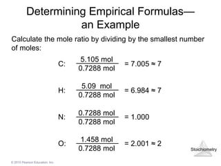 Stoichiometry
© 2015 Pearson Education, Inc.
Determining Empirical Formulas—
an Example
Calculate the mole ratio by dividing by the smallest number
of moles:
5.105 mol
0.7288 mol
5.09 mol
0.7288 mol
0.7288 mol
0.7288 mol
1.458 mol
0.7288 mol
C: = 7.005 ≈ 7
H: = 6.984 ≈ 7
N: = 1.000
O: = 2.001 ≈ 2
 
