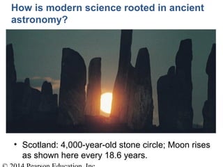 How is modern science rooted in ancient
astronomy?
• Scotland: 4,000-year-old stone circle; Moon rises
as shown here every 18.6 years.
 