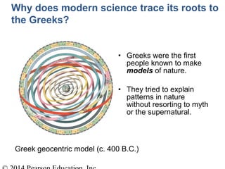 • Greeks were the first
people known to make
models of nature.
• They tried to explain
patterns in nature
without resorting to myth
or the supernatural.
Greek geocentric model (c. 400 B.C.)
Why does modern science trace its roots to
the Greeks?
 