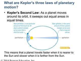 This means that a planet travels faster when it is nearer to
the Sun and slower when it is farther from the Sun.
What are Kepler's three laws of planetary
motion?
• Kepler's Second Law: As a planet moves
around its orbit, it sweeps out equal areas in
equal times.
 