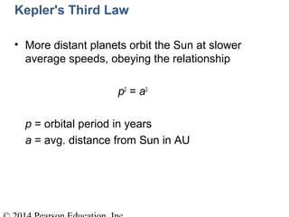 Kepler's Third Law
• More distant planets orbit the Sun at slower
average speeds, obeying the relationship
p2
= a3
p = orbital period in years
a = avg. distance from Sun in AU
 
