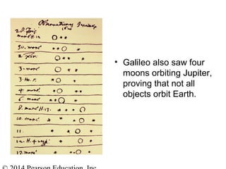 • Galileo also saw four
moons orbiting Jupiter,
proving that not all
objects orbit Earth.
 