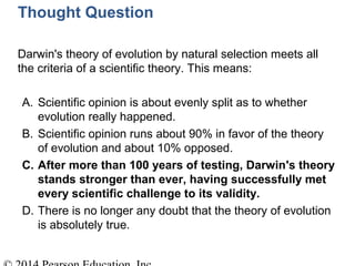 Thought Question
Darwin's theory of evolution by natural selection meets all
the criteria of a scientific theory. This means:
A. Scientific opinion is about evenly split as to whether
evolution really happened.
B. Scientific opinion runs about 90% in favor of the theory
of evolution and about 10% opposed.
C. After more than 100 years of testing, Darwin's theory
stands stronger than ever, having successfully met
every scientific challenge to its validity.
D. There is no longer any doubt that the theory of evolution
is absolutely true.
 