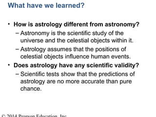 What have we learned?
• How is astrology different from astronomy?
– Astronomy is the scientific study of the
universe and the celestial objects within it.
– Astrology assumes that the positions of
celestial objects influence human events.
• Does astrology have any scientific validity?
– Scientific tests show that the predictions of
astrology are no more accurate than pure
chance.
 