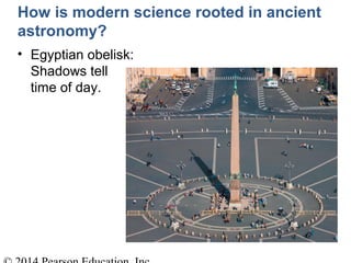 How is modern science rooted in ancient
astronomy?
• Egyptian obelisk:
Shadows tell
time of day.
 