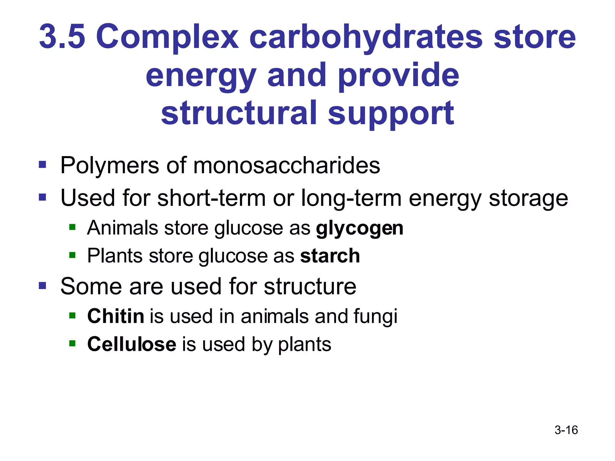 3.5 Complex carbohydrates store energy and provide  structural support Polymers of monosaccharides Used for short-term or long-term energy storage Animals store glucose as  glycogen Plants store glucose as  starch Some are used for structure Chitin  is used in animals and fungi Cellulose  is used by plants 3- 