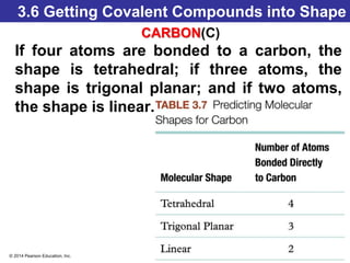 © 2014 Pearson Education, Inc.
3.6 Getting Covalent Compounds into Shape
CARBON(C)
If four atoms are bonded to a carbon, the
shape is tetrahedral; if three atoms, the
shape is trigonal planar; and if two atoms,
the shape is linear.
 