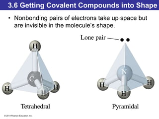 © 2014 Pearson Education, Inc.
3.6 Getting Covalent Compounds into Shape
• Nonbonding pairs of electrons take up space but
are invisible in the molecule’s shape.
 