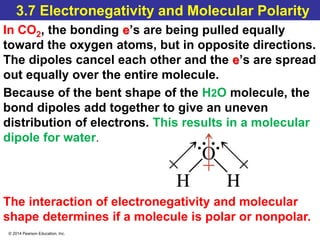 © 2014 Pearson Education, Inc.
3.7 Electronegativity and Molecular Polarity
In CO2, the bonding e’s are being pulled equally
toward the oxygen atoms, but in opposite directions.
The dipoles cancel each other and the e’s are spread
out equally over the entire molecule.
Because of the bent shape of the H2O molecule, the
bond dipoles add together to give an uneven
distribution of electrons. This results in a molecular
dipole for water.
The interaction of electronegativity and molecular
shape determines if a molecule is polar or nonpolar.
 