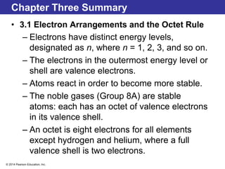 © 2014 Pearson Education, Inc.
Chapter Three Summary
• 3.1 Electron Arrangements and the Octet Rule
– Electrons have distinct energy levels,
designated as n, where n = 1, 2, 3, and so on.
– The electrons in the outermost energy level or
shell are valence electrons.
– Atoms react in order to become more stable.
– The noble gases (Group 8A) are stable
atoms: each has an octet of valence electrons
in its valence shell.
– An octet is eight electrons for all elements
except hydrogen and helium, where a full
valence shell is two electrons.
 