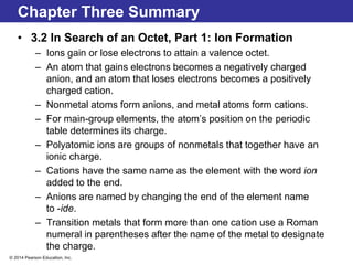 © 2014 Pearson Education, Inc.
Chapter Three Summary
• 3.2 In Search of an Octet, Part 1: Ion Formation
– Ions gain or lose electrons to attain a valence octet.
– An atom that gains electrons becomes a negatively charged
anion, and an atom that loses electrons becomes a positively
charged cation.
– Nonmetal atoms form anions, and metal atoms form cations.
– For main-group elements, the atom’s position on the periodic
table determines its charge.
– Polyatomic ions are groups of nonmetals that together have an
ionic charge.
– Cations have the same name as the element with the word ion
added to the end.
– Anions are named by changing the end of the element name
to -ide.
– Transition metals that form more than one cation use a Roman
numeral in parentheses after the name of the metal to designate
the charge.
 