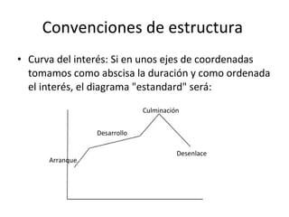 Convenciones de estructura
• Curva del interés: Si en unos ejes de coordenadas
  tomamos como abscisa la duración y como ordenada
  el interés, el diagrama "estandard" será:
                              Culminación


                 Desarrollo

                                        Desenlace
      Arranque
 
