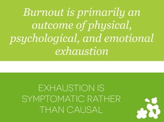 EXHAUSTION IS
SYMPTOMATIC RATHER
THAN CAUSAL
Burnout is primarily an
outcome of physical,
psychological, and emotional
exhaustion
 