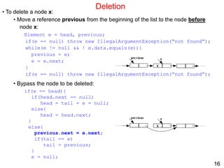 16
Deletion
• To delete a node x:
• Move a reference previous from the beginning of the list to the node before
node x:
Element e = head, previous;
if(e == null) throw new IllegalArgumentException(“not found”);
while(e != null && ! e.data.equals(x)){
previous = e;
e = e.next;
}
if(e == null) throw new IllegalArgumentException(“not found”);
• Bypass the node to be deleted:
if(e == head){
if(head.next == null)
head = tail = e = null;
else{
head = head.next;
}
else{
previous.next = e.next;
if(tail == e)
tail = previous;
}
e = null;
e
x
previous
e
x
previous
 