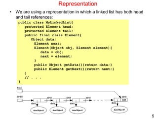 5
Representation
• We are using a representation in which a linked list has both head
and tail references:
public class MyLinkedList{
protected Element head;
protected Element tail;
public final class Element{
Object data;
Element next;
Element(Object obj, Element element){
data = obj;
next = element;
}
public Object getData(){return data;}
public Element getNext(){return next;}
}
// . . .
}
 