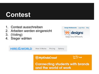 Contest
1.   Contest ausschreiben
2.   Arbeiten werden eingereicht
3.   (Voting)
4.   Sieger wählen
 