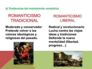 d) Tendencias del movimiento romántico
ROMANTICISMO
TRADICIONAL
Moderado y conservador
Pretende volver a los
valores ideol...