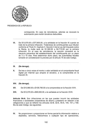 102
PRESIDENCIA DE LA REPUBLICA
corresponda. En caso de reincidencia, además se revocará la
autorización para recibir donativos deducibles.
…………………………………………………………………………………………..
VI. De $13,570.00 a $77,600.00, a la señalada en la fracción IX cuando se
trate de la primera infracción. Tratándose de contribuyentes que tributen
conforme al Título IV, Capítulo II, Sección II de la Ley del Impuesto sobre
la Renta, la multa será de $1,360.00 a $2,710.00 por la primera
infracción. En el caso de reincidencia, la sanción consistirá en la
clausura preventiva del establecimiento del contribuyente por un plazo
de 3 a 15 días. Para determinar dicho plazo, las autoridades fiscales
tomarán en consideración lo previsto por el artículo 75 de este Código.
…………………………………………………………………………………………….
IX. (Se deroga).
X. De tres a cinco veces el monto o valor señalado en el comprobante fiscal
digital por Internet que ampare el donativo, a la comprendida en la
fracción XI.
……………………..................................................................................................
XIV. (Se deroga).
XV. De $10,980.00 a $109,790.00 a la comprendida en la fracción XVII.
XVI. De $12,070.00 a $69,000.00, a la señalada en la fracción XVIII.
Artículo 84-A. Son infracciones en las que pueden incurrir las entidades
financieras o sociedades cooperativas de ahorro y préstamo en relación a las
obligaciones a que se refieren los artículos 32-B, 32-E, 40-A, 145, 151 y 156-
Bis de este Código, las siguientes:
……………………..................................................................................................
IV. No proporcionar o proporcionar en forma parcial la información relativa a
depósitos, servicios, fideicomisos o cualquier tipo de operaciones,
 