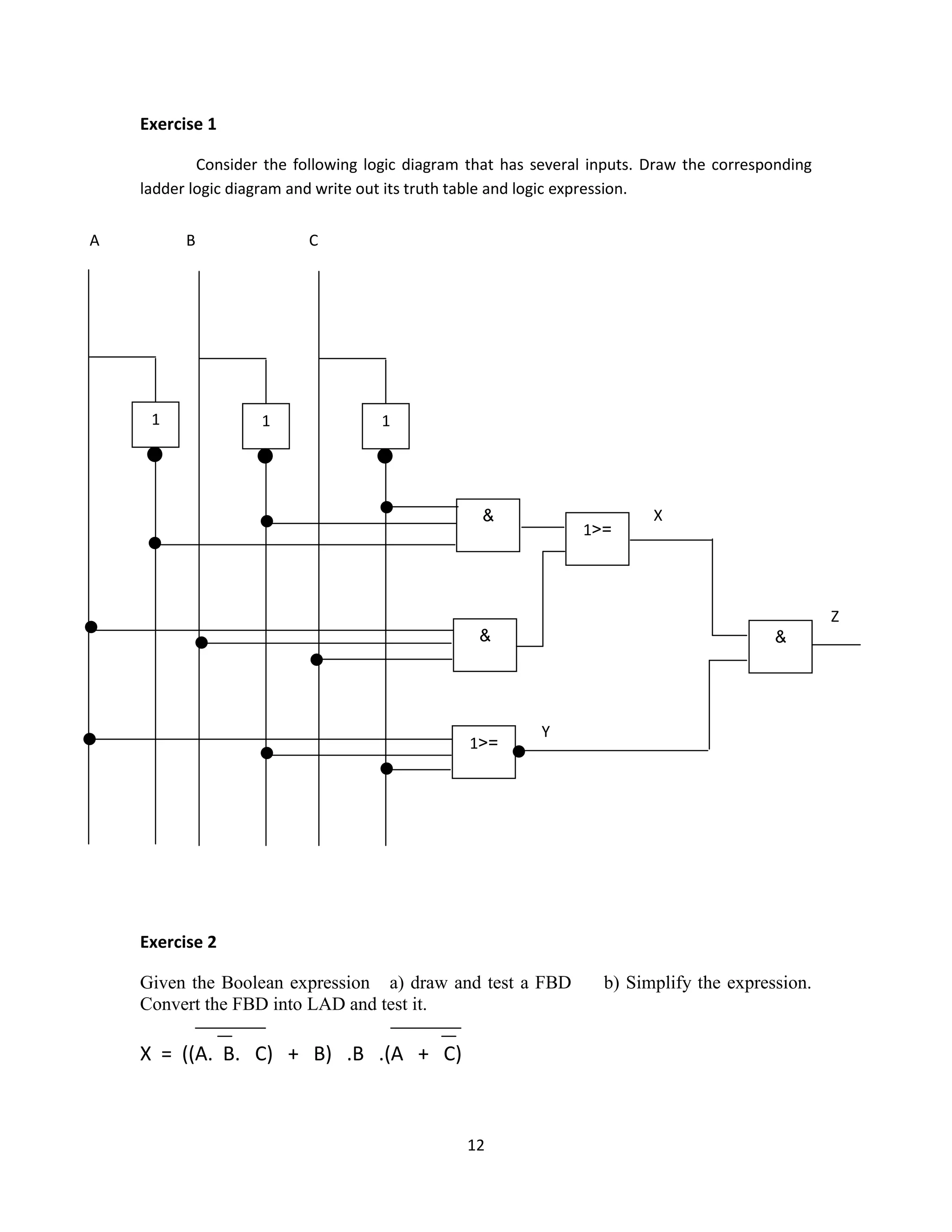 12
Exercise 1
Consider the following logic diagram that has several inputs. Draw the corresponding
ladder logic diagram and write out its truth table and logic expression.
Exercise 2
Given the Boolean expression a) draw and test a FBD b) Simplify the expression.
Convert the FBD into LAD and test it.
X = ((A. B. C) + B) .B .(A + C)
1 1 1
&
1 =<
X
&
1 =<
&
Z
Y
A B C
 