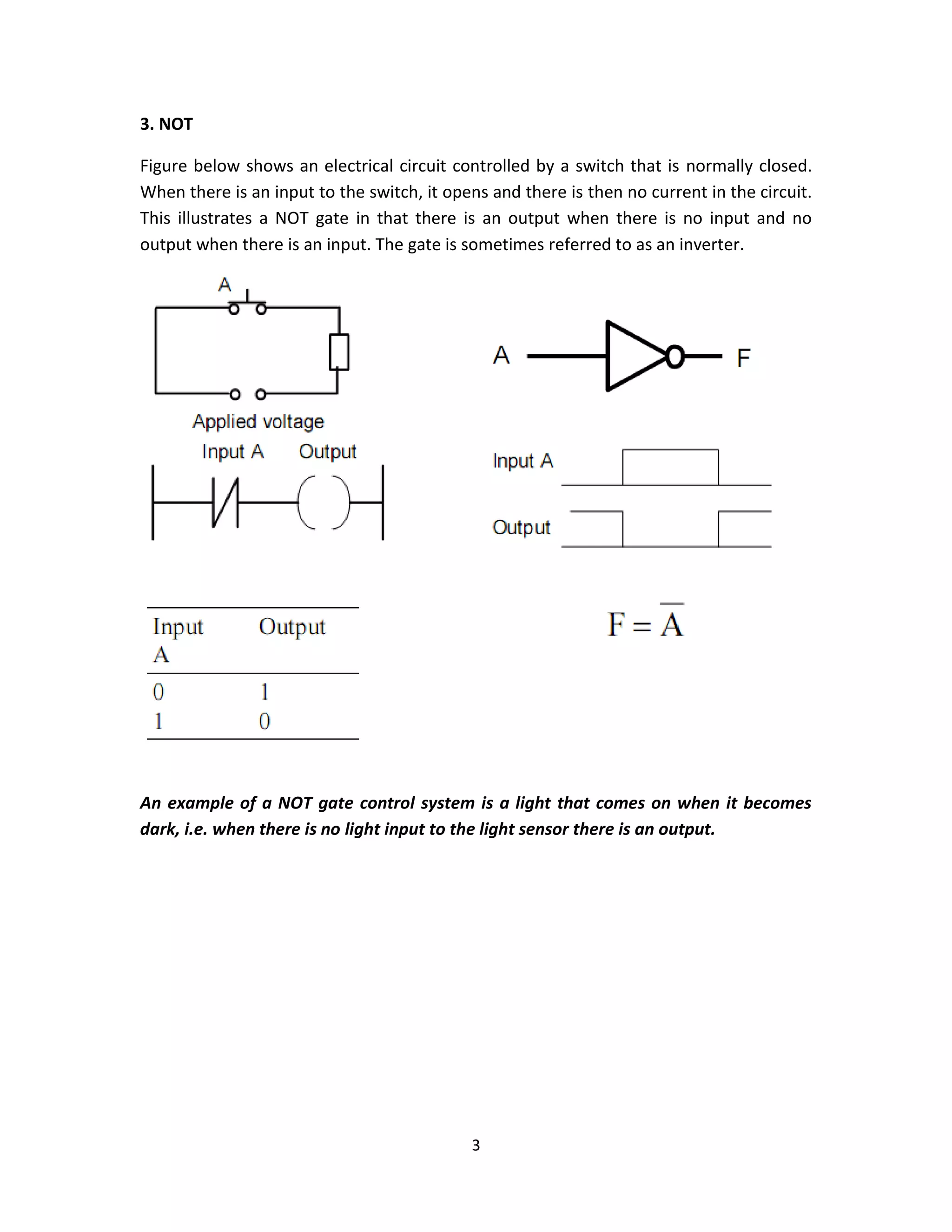 3
3. NOT
Figure below shows an electrical circuit controlled by a switch that is normally closed.
When there is an input to the switch, it opens and there is then no current in the circuit.
This illustrates a NOT gate in that there is an output when there is no input and no
output when there is an input. The gate is sometimes referred to as an inverter.
An example of a NOT gate control system is a light that comes on when it becomes
dark, i.e. when there is no light input to the light sensor there is an output.
 