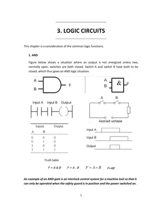 1
___________________________________
3. LOGIC CIRCUITS
___________________________________
This chapter is a consideration of the common logic functions.
1. AND
Figure below shows a situation where an output is not energized unless two,
normally open, switches are both closed. Switch A and switch B have both to be
closed, which thus gives an AND logic situation.
Truth table
F = A & B F = A . B BAF  F=AB
An example of an AND gate is an interlock control system for a machine tool so that it
can only be operated when the safety guard is in position and the power switched on.
 