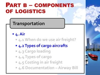 • 4. Air
• 4.1 When do we use air freight?
• 4.2Types of cargo aircrafts
• 4.3 Cargo loading
• 4.4Types of cargo
• 4.5 Costing in air freight
• 4.6 Documentation – Airway Bill
Transportation
 