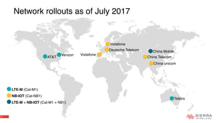 11
Network rollouts as of July 2017
AT&T
Verizon
Telstra
China Mobile
China Telecom
China unicom
LTE-M (Cat-M1)
NB-IOT (Cat-NB1)
LTE-M + NB-IOT (Cat-M1 + NB1)
Deutsche Telekom
Vodafone
Vodafone
 