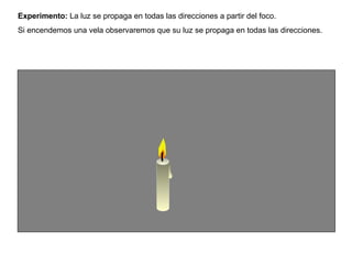 Experimento: La luz se propaga en todas las direcciones a partir del foco.
Si encendemos una vela observaremos que su luz se propaga en todas las direcciones.
 
