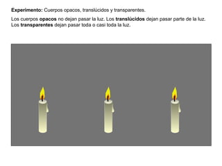 Experimento: Cuerpos opacos, translúcidos y transparentes.
Los cuerpos opacos no dejan pasar la luz. Los translúcidos dejan pasar parte de la luz.
Los transparentes dejan pasar toda o casi toda la luz.
 