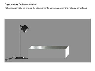 Experimento: Reflexión de la luz
Si hacemos incidir un rayo de luz oblicuamente sobre una superficie brillante se reflejará.
 