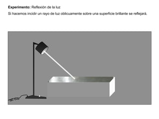Experimento: Reflexión de la luz
Si hacemos incidir un rayo de luz oblicuamente sobre una superficie brillante se reflejará.
 