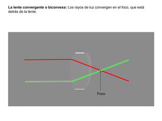 La lente convergente o biconvexa: Los rayos de luz convergen en el foco, que está
detrás de la lente.




                                                    Foco
 