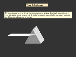 Tema 3- 3- el color



Si hacemos que un rayo de luz blanca atraviese un prisma de cristal, veremos que el
rayo a la salida forma un arco iris. El cristal ha descompuesto la luz blanca en luces de
los diferentes colores que la forman.
 