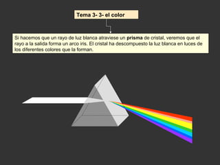 Tema 3- 3- el color



Si hacemos que un rayo de luz blanca atraviese un prisma de cristal, veremos que el
rayo a la salida forma un arco iris. El cristal ha descompuesto la luz blanca en luces de
los diferentes colores que la forman.
 
